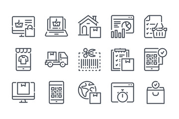 Online retail and marketing related line icons.  Shopping and e-commerce vector linear icon set.