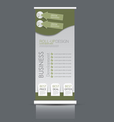 Roll up stand design. Vertical banner template. Vector illustration. Green color.