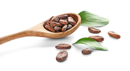 Spoon with cocoa beans on white background