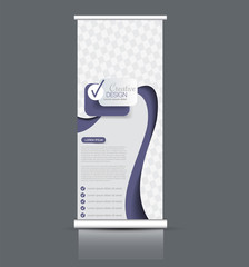 Roll up stand design. Vertical banner template. Vector illustration. Purple color.