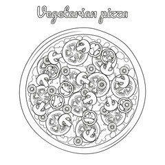 Vegetarian pizza with mushrooms, tomatoes, peppers and olives. Object for packaging, advertisements, menu. Isolated on white. Vector illustration. Silhouette. Black and white.