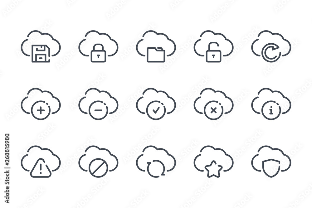 Poster cloud service and technology line icons. cloud network and data vector linear icon set.