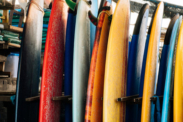 Set of colorful surfboard for rent on the beach. Multicolored surf boards different sizes and colors surfing boards on stand, surfboards rental place