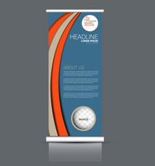 Fototapeta premium Roll up stand design. Vertical banner template. Vector illustration. Blue, brown, and orange color.