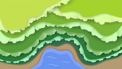 Top view nature scene of forest with sea and beach. Landscape background for world environment day on 5 June. Vector illustrator in paper cut, craft, origami.