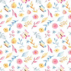 Watercolor seamless pattern with cute cartoon romantic unicorn and flowers. Texture for wedding design, wallpaper, scrapbooking, prints, apparel, fabrics, textiles.