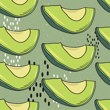 Seamless pattern with fresh avocado, hand drawn backdrop, print. Colorful illustration, raw food vector. Overlapping background with fruits. Decorative wallpaper, good for printing