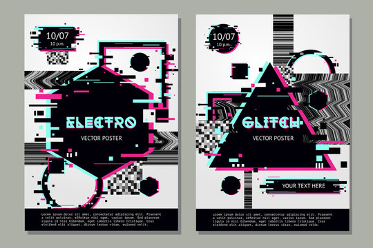 Glitch poster template with abstract shapes. Music festival background with glitchy effect. Electronic night party flyer.