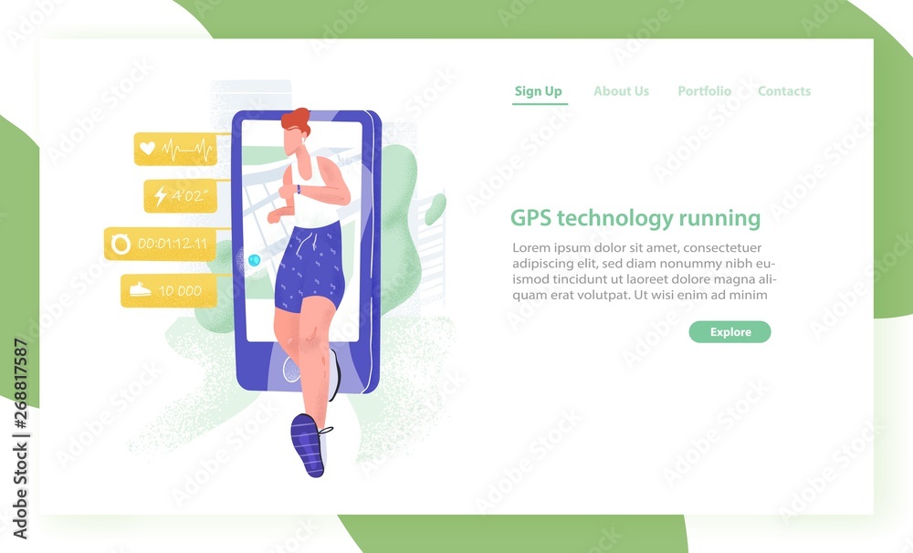 Poster website template with jogging athlete or sportsman and smartphone. gps running tracking technology. 