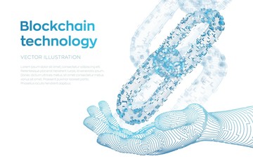 Block chain. Crypto currency. Blockchain concept. 3D wireframe chain with digital blocks in robotic hand. Editable cryptocurrency template. Stock vector illustration.