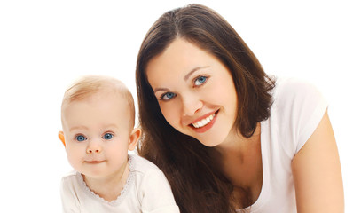 Portrait close-up happy smiling mother with her baby isolated on white background