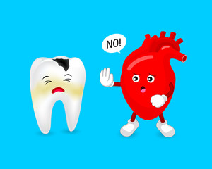 Cartoon decay tooth character with human heart. Oral health and heart disease are connected. Vector Illustration design isolated on blue background.