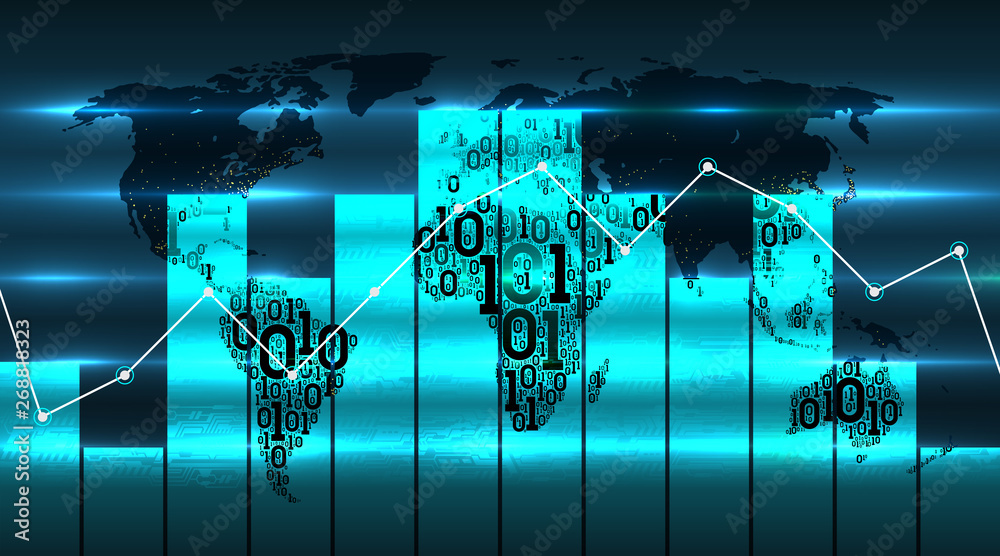 Poster world map graph chart and diagram, on background of future digital global technologies. cloud servic
