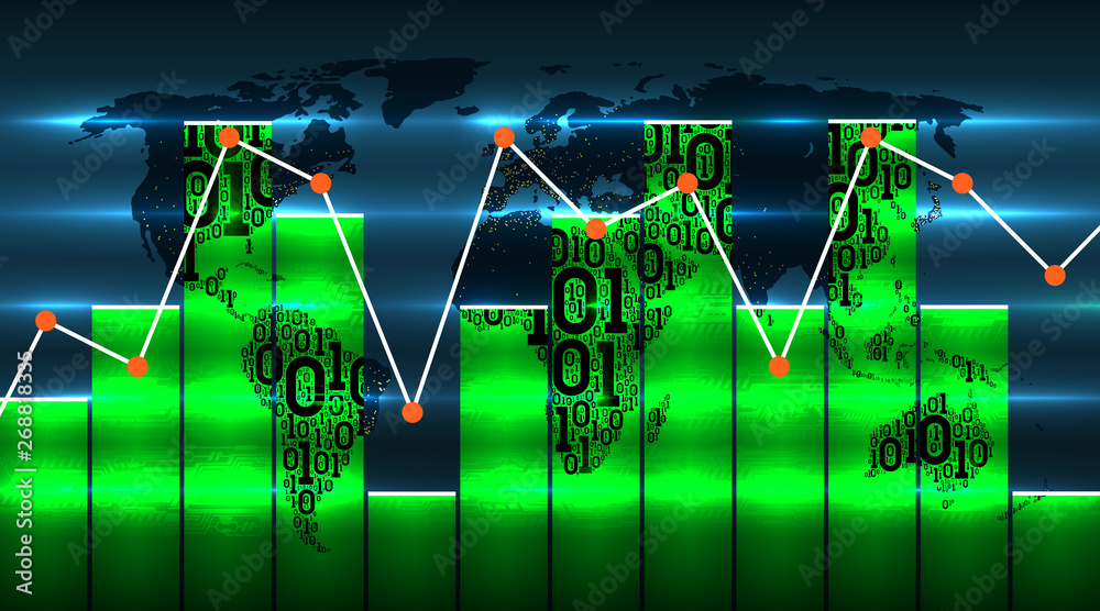 Poster world map with diagram chart and graph, on the background of future digital global technologies. map