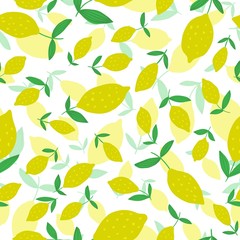 Hand drawn Lemon seamless pattern with leaves.