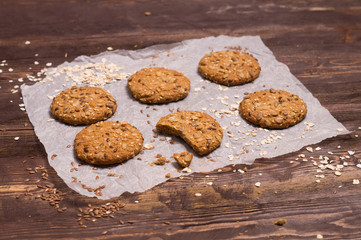 Useful cookies with flax, sesame, sunflower seeds and roasted oat grains. Homemade baking.