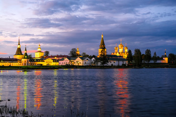 Panorama of the Iversky Monastery in Valdai in Russia at sunset
