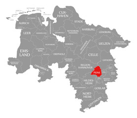 Fototapeta na wymiar Peine county red highlighted in map of Lower Saxony Germany