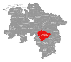 Region Hannover county red highlighted in map of Lower Saxony Germany
