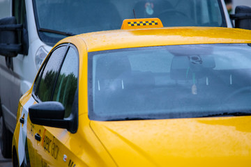 Moscow, Russia - May, 6, 2019: taxi in a center of Moscow, Russia