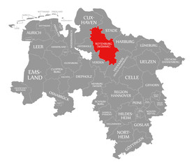 Rotenburg county red highlighted in map of Lower Saxony Germany