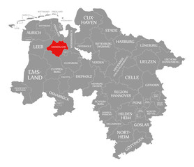 Ammerland county red highlighted in map of Lower Saxony Germany