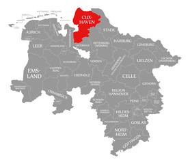Cuxhaven county red highlighted in map of Lower Saxony Germany