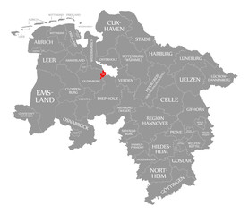 Delmenhorst county red highlighted in map of Lower Saxony Germany