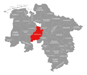 Fototapeta na wymiar Diepholz county red highlighted in map of Lower Saxony Germany