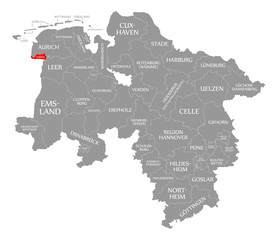 Emden county red highlighted in map of Lower Saxony Germany