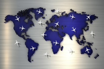 3d rendering World map with many aircraft flying above the ground
