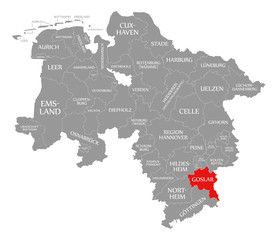 Fototapeta na wymiar Goslar county red highlighted in map of Lower Saxony Germany