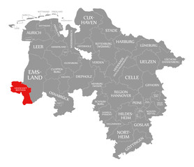Grafschaft Bentheim county red highlighted in map of Lower Saxony Germany