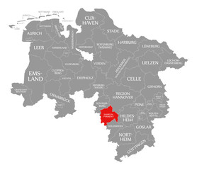 Fototapeta na wymiar Hameln-Pyrmont county red highlighted in map of Lower Saxony Germany