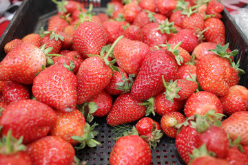Strawberry. Fresh organic strawberries macro. Fruit background texture. Close up of fresh organic strawberries on a farmer market. 