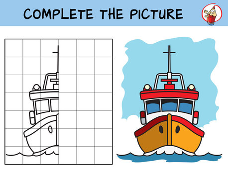 Complete the picture of a boat. Copy the picture. Coloring book. Educational game for children. Cartoon vector illustration