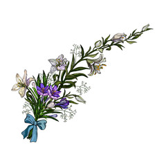 Fototapeta na wymiar Vector illustration of easter floral bunch oflilies and crocuses with bow in vintage style isolated on white background.