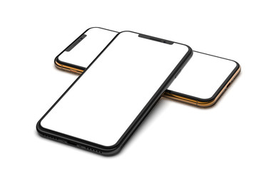 Gold and black smartphones with blank screen, isolated on white background.	