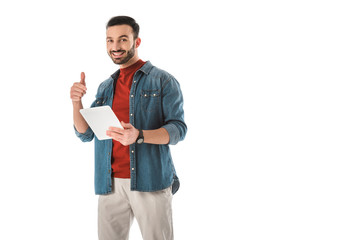 smiling handsome man showing idea sign while using digital tablet isolated on white