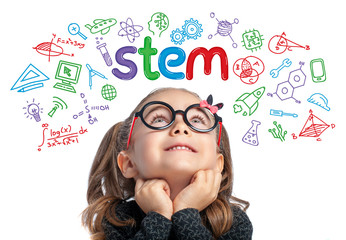 STEM word and doodles above beautiful cute little girl. modern education concept