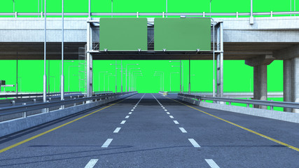 Day Road freeway travel concept route big board 3d render on green screen