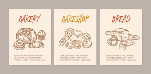 Bundle of vertical flyer or poster templates with tasty breads, sweet delicious pastry or homemade baked products. Monochrome vector illustration in vintage style for bakeshop or bakery promotion.