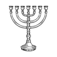 Menorah ancient Hebrew lampstand religion symbol line art sketch engraving vector illustration. Scratch board style imitation. Hand drawn image.