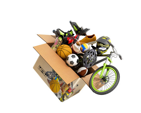 concept of product categories sports wear and equipment fly out of the box 3d render on white no shadow