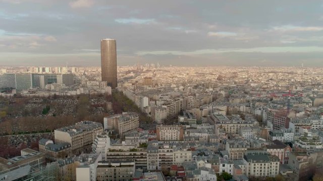 aerial view of Paris with a drone in the morning, eiffel tower, montparnasse tower