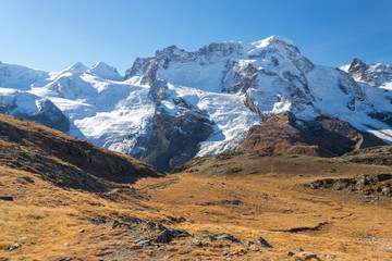 Snowy mountain in Zermatt during autumn season, Swiss alps background,