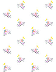 Vector seamless pattern of flat cartoon blond girl riding a vintage cruise pink bicycle isolated on white background 