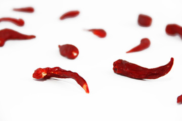 pods of red dried hot bitter edible pepper on a white background