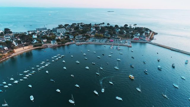 Aerial view of a french seaside resort during a sunny day, Port-Navalo, Britanny