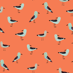 Modern childish seamless pattern with seagulls. Sea, Ocean, Gull, bird, Summer vacation. Cute cartoon seagulls. Good for print.